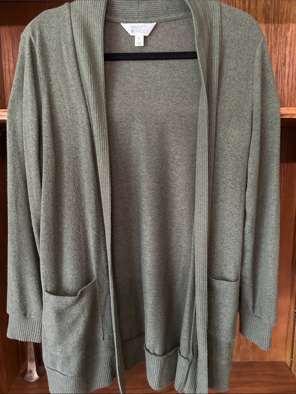 Market & Spruce Olive Open-Front Ribbed-Trim Cardigan